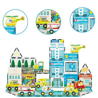 PicassoTiles 42 Piece City & Cars, STEM Toy Magnetic Tile, Building Block for Kid Age 3 & Up, PTQ14