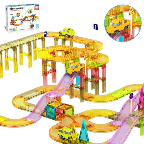 Детские конструкторы PicassoTiles Race Track Magnetic Tiles for Kids, 60 pc STEM Building Blocks Toy Set with Racing Cars