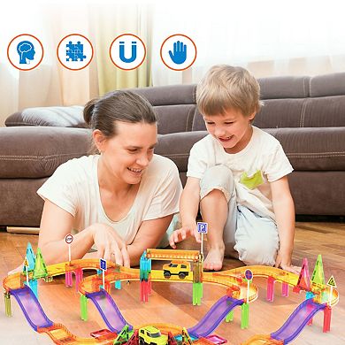 PicassoTiles 60pc Magnet Tile Race Track Set LED Car Travel Size-PTMR60