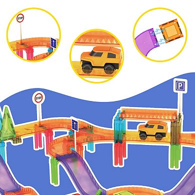 PicassoTiles 60 PC Mini Race Track, Magnetic Tiles, Magnetic Building Toys for Kids 3+