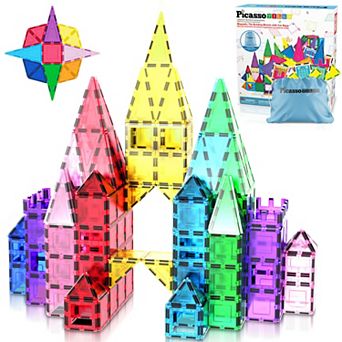 PicassoTiles 61 pc STEM Toy Magnetic Tiles, Storage Bag, Building Block for Kids Age 3 & Up, PC61
