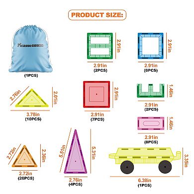 PicassoTiles 61pc Magnet Tile Building Blocks Toy Set with Car Base Drawstring Carry Bag - PC61