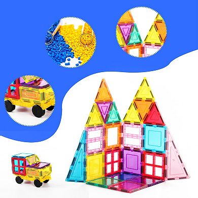 PicassoTiles 61pc Magnet Tile Building Blocks Toy Set with Car Base Drawstring Carry Bag - PC61