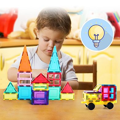 PicassoTiles 61pc Magnet Tile Building Blocks Toy Set with Car Base Drawstring Carry Bag - PC61