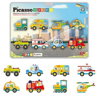 PicassoTiles 8 pc Metro City Vehicle Themed, Magnetic Tiles, Magnetic Building Blocks for Kids 3+