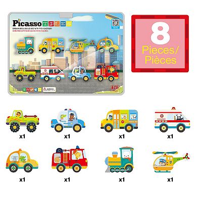 PicassoTiles 8 PC Metro City Vehicle Themed, Magnetic Tiles, Magnetic Building Blocks for Kids 3+
