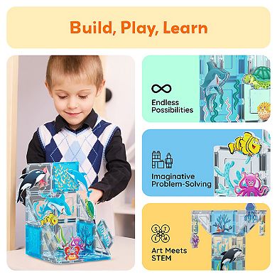PicassoTiles 8 PC Marine Animal Themed, Magnetic Tiles, Magnetic Building Blocks for Kids 3+