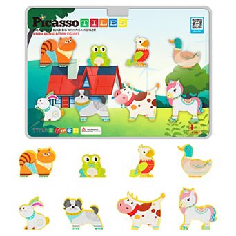 PicassoTiles 8 pc Farm Animal Themed, Magnetic Tiles, Magnetic Building Blocks for Kids 3+