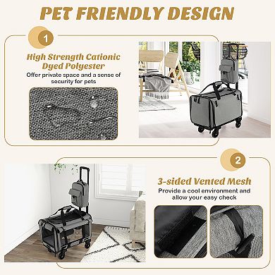 Rolling Cat Carrier With Dual-use Pads And Litter Bag-gray
