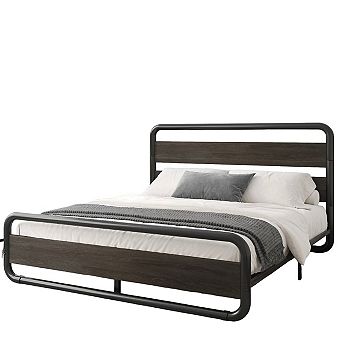 King Heavy Duty Round Metal Frame Platform Bed With Black Wood Panel Headboard