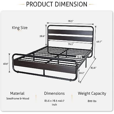 King Heavy Duty Round Metal Frame Platform Bed With Black Wood Panel Headboard