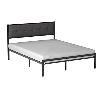 Queen Metal Platform Bed Frame With Grey Button Tufted Upholstered Headboard