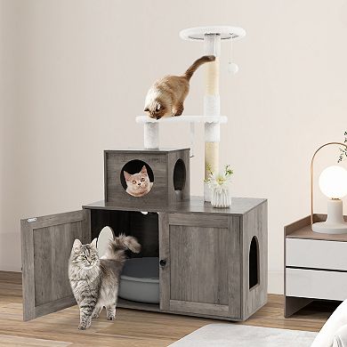 Cat Tree With Litter Box Enclosure With Cat Condo