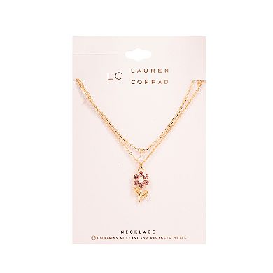 LC Lauren Conrad Gold Tone Crystal & Simulated Pearl Double-Strand Flower & Stem Pendant Necklace
