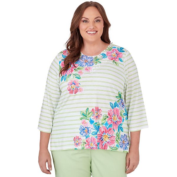 Plus Size Alfred Dunner Asymmetrical Stripe Floral Top