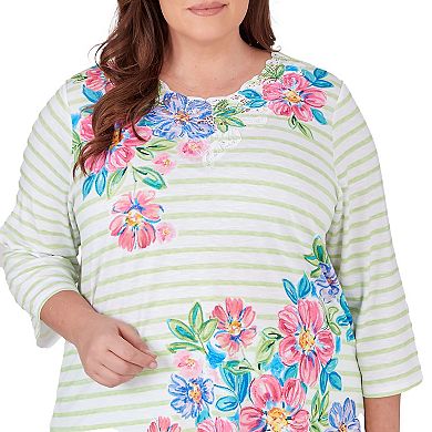 Plus Size Alfred Dunner Asymmetrical Stripe Floral Top