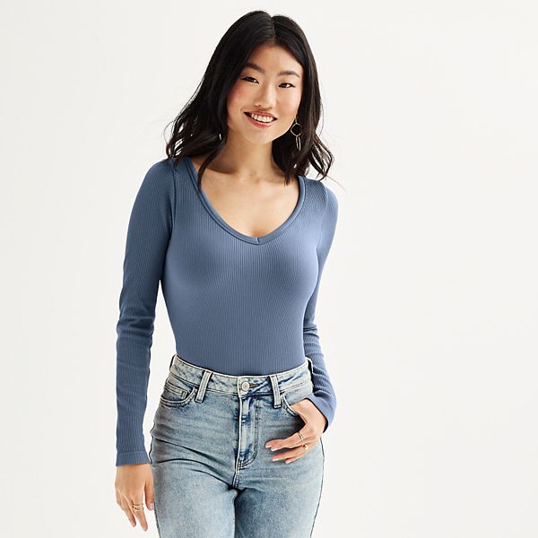 Juniors' SO® Seamless Rib Long Sleeve V-Neck Bodysuit - Cyclone Blue (X SMALL)