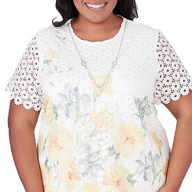 Plus Size Alfred Dunner Floral Lace Top with Detachable Necklace