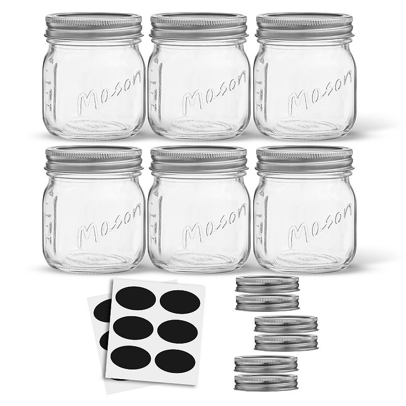 JoyJolt Regular Mason Jar 6-Piece Set with Airtight Lids and Labels, Multi