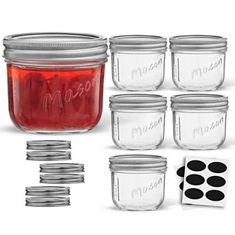 JoyJolt Wide Mason Jar 6 pc Set with Airtight Lids and Labels