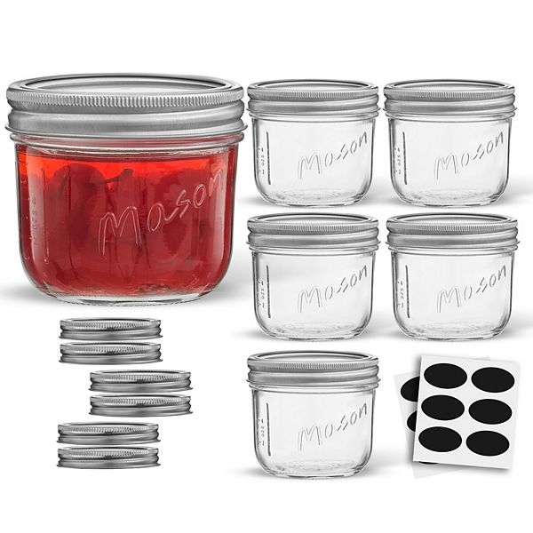 JoyJolt Wide Mason Jar 6-Piece Set with Airtight Lids and Labels