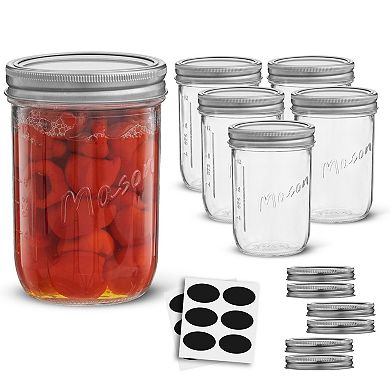 JoyJolt Wide Mason Jar 6-Piece Set with Airtight Lids and Labels