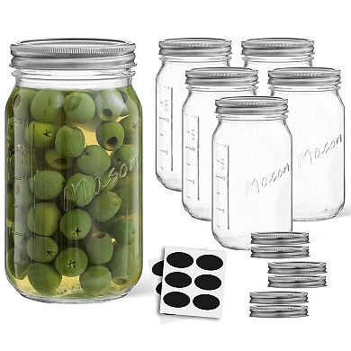 JoyJolt Wide Mason Jar 6-Piece Set with Airtight Lids and Labels