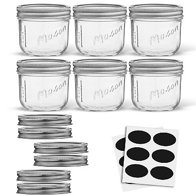 JoyJolt Wide Mason Jar 6-Piece Set with Airtight Lids and Labels