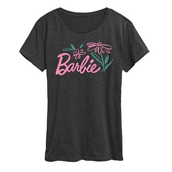 Women's Barbie Logo Brushed Flowers Graphic Tee