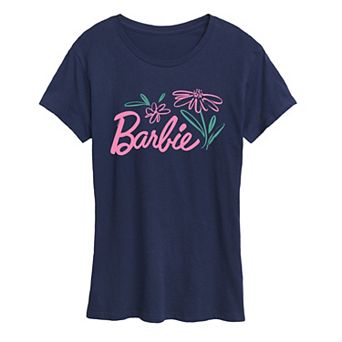 Women's Barbie Logo Brushed Flowers Graphic Tee