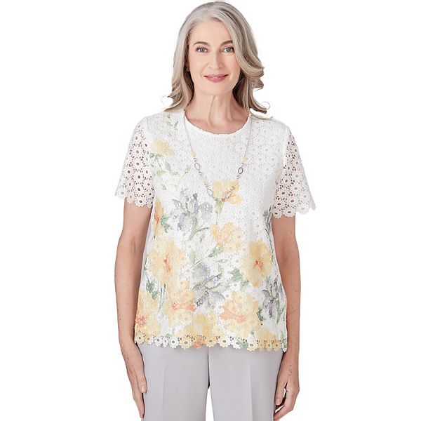 Petite Alfred Dunner Short Sleeve Floral Lace Top with Detachable Necklace