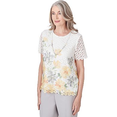 Petite Alfred Dunner Short Sleeve Floral Lace Top with Detachable Necklace