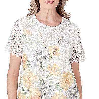 Petite Alfred Dunner Short Sleeve Floral Lace Top with Detachable Necklace