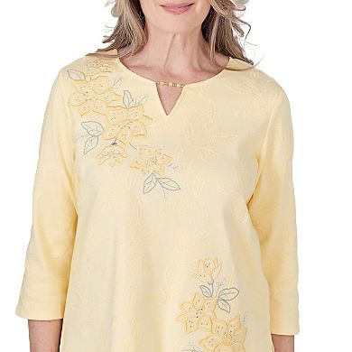 Petite Alfred Dunner Three Quarter Sleeve Top with Embroidered Floral Details
