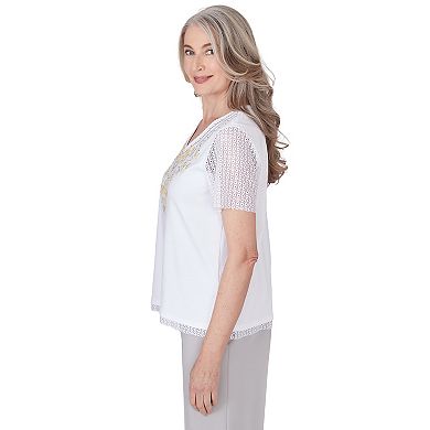 Petite Alfred Dunner Embroidered Top With Lace Sleeves