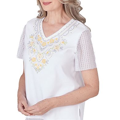 Petite Alfred Dunner Embroidered Top With Lace Sleeves