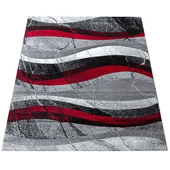 Grey Red Designer Rug With Modern Wave Effect Abstract