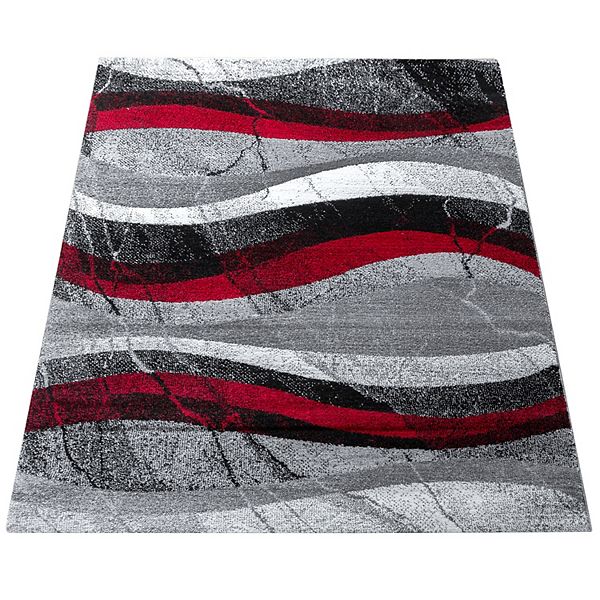 Grey Red Designer Rug With Modern Wave Effect Abstract