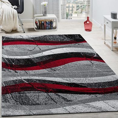 Grey Red Designer Rug With Modern Wave Effect Abstract