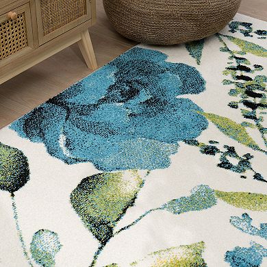 Artful Area Rug Rose Motif In Watercolor Look