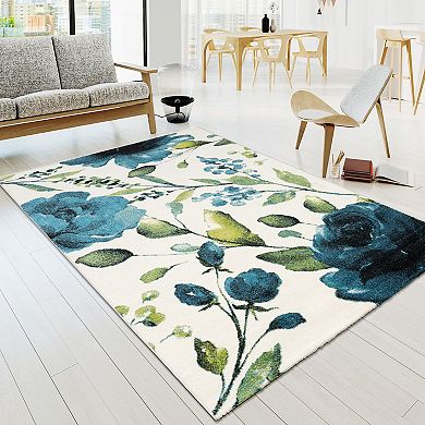 Artful Area Rug Rose Motif In Watercolor Look