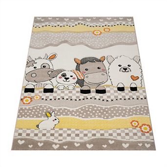 Kids Rug Patchwork Look Charming Farm Animals In Beige Cream