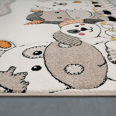 Kids Rug Patchwork Look Charming Farm Animals In Beige Cream