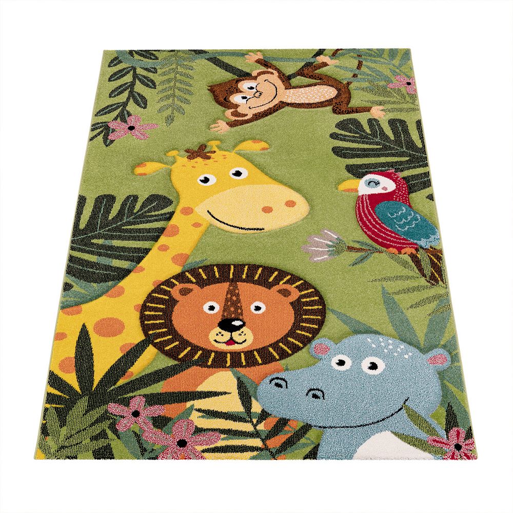 Kids Rug With Jungle Animal Motif In Green