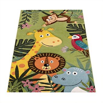 Kids Rug With Jungle Animal Motif In Green