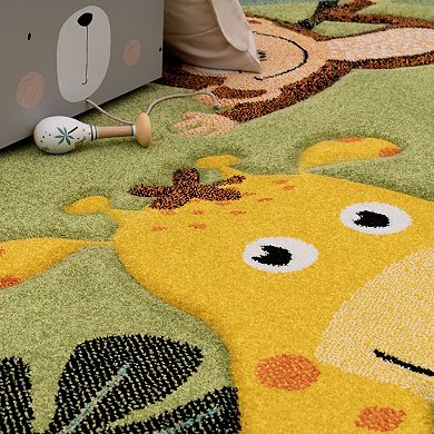 Kids Rug With Jungle Animal Motif In Green