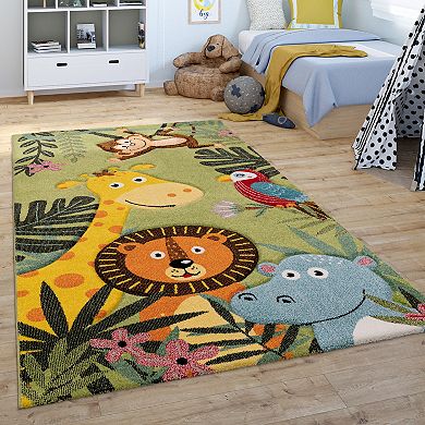 Kids Rug With Jungle Animal Motif In Green