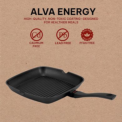 Alva Energy Ceramic Nonstick Griddle Pan 11" x 11" Grooved Ridges Pre-Seasoned Square Grill Pan