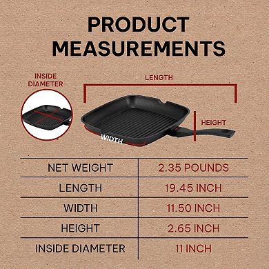 Alva Energy Ceramic Nonstick Griddle Pan 11" x 11" Grooved Ridges Pre-Seasoned Square Grill Pan