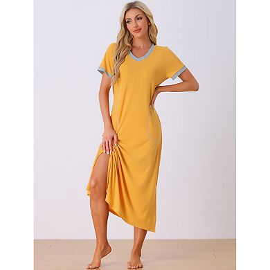 Women's V Neck Nightshirt Long Basic Slit Nightgown Short Sleeve Sleepshirt With Pockets